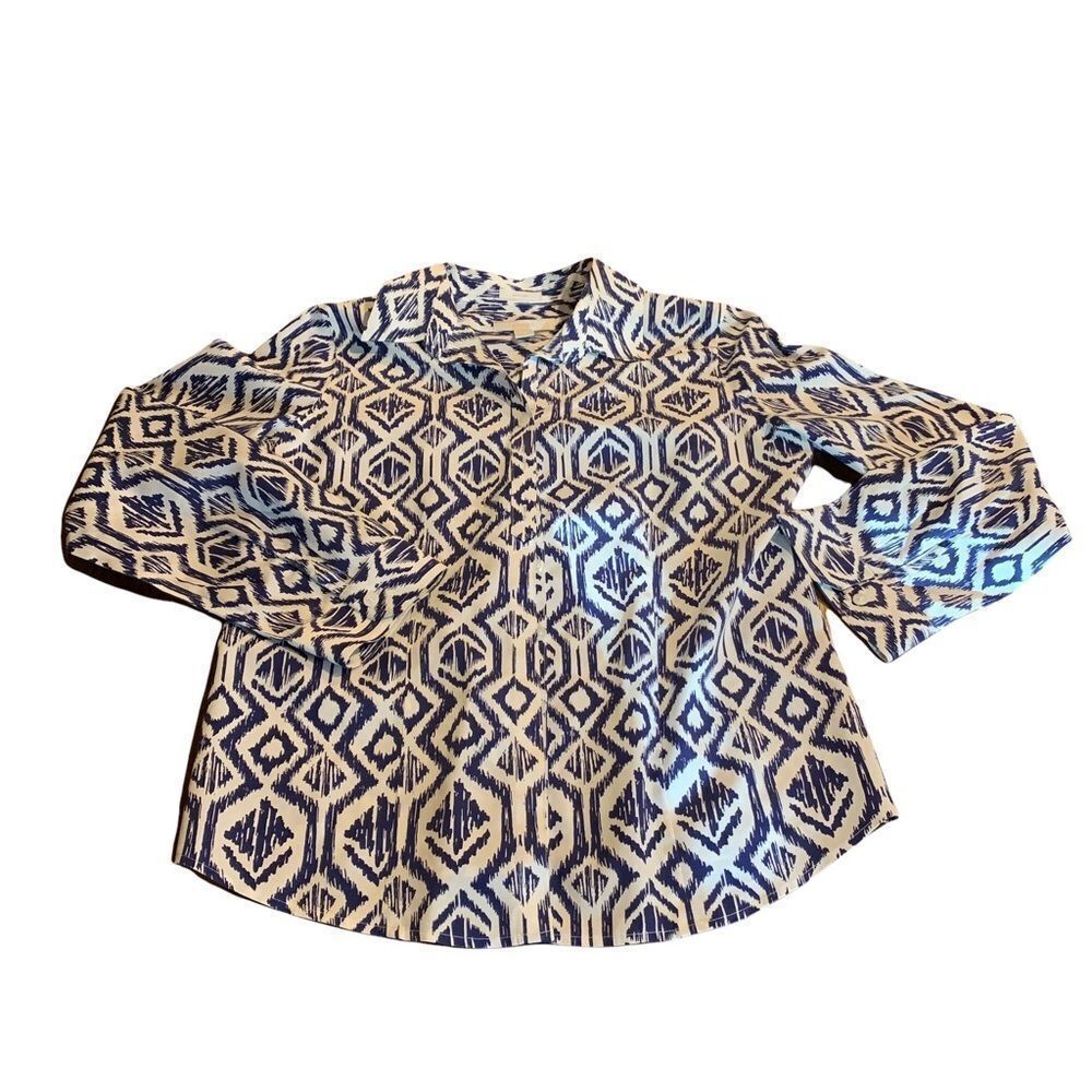 Chico’s Blue White Collar Button Front Long Sleeve Women’s Shirt Size 0 Small